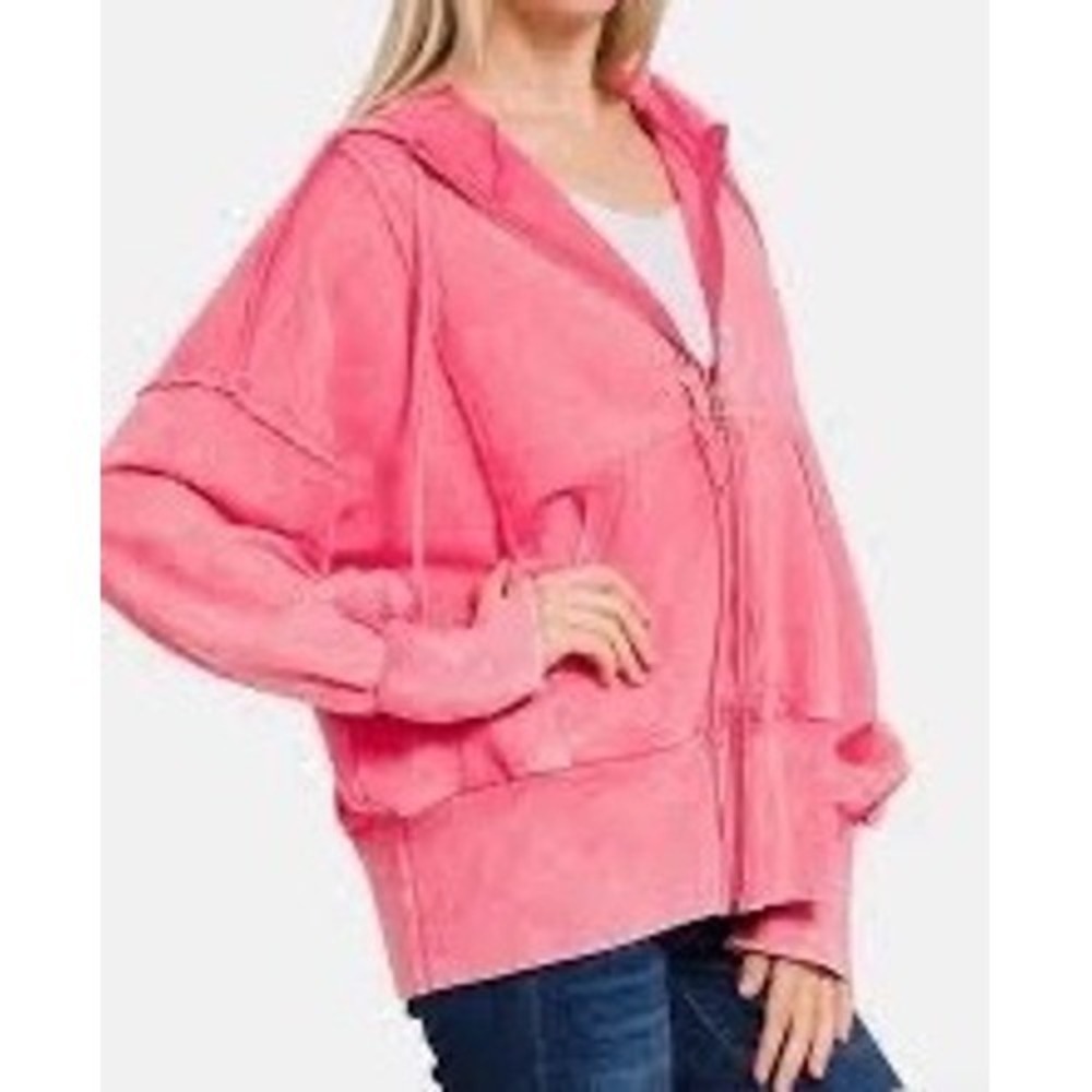 ZENANA NWOT Oversized Pink Acid Wash Cropped Zip Up Hoodie Sweatshirt S/ M